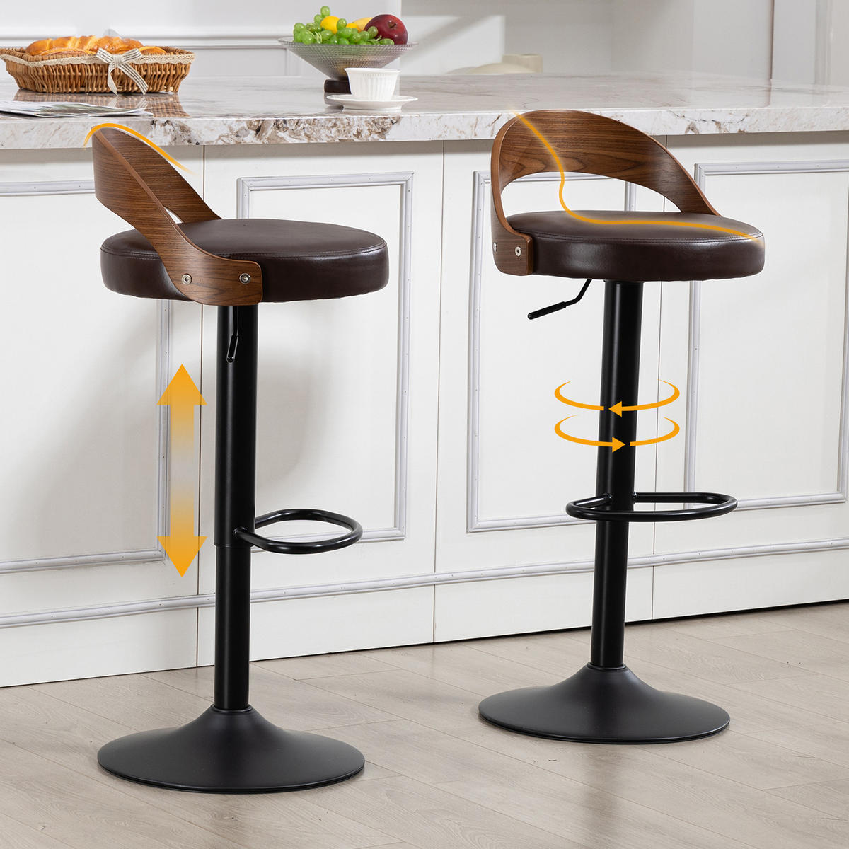 BARHOCKER 2er-Set Braun 360° Drehbar Höhenverstellbar mit Rückenlehne - Braun, Leder (42.5/77/42cm) - PANGIVO