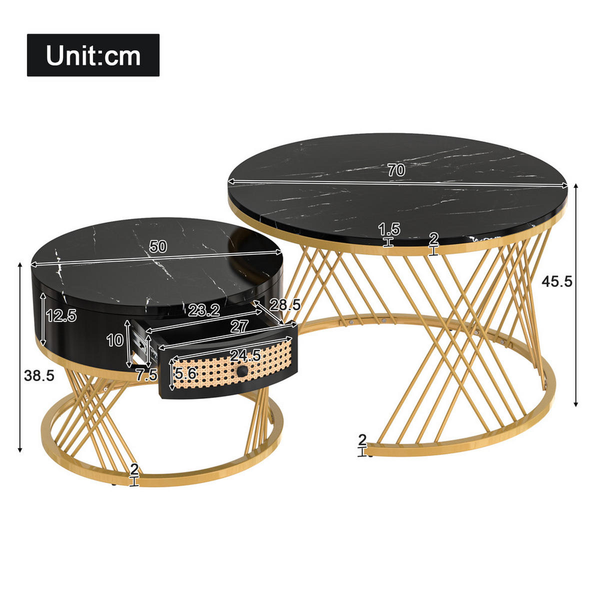 COUCHTISCH SET 2-in-1 Rund Marmoroptik Rattanschubladen goldene Füße - Schwarz, Holz (79/76/23cm) - FLIEKS