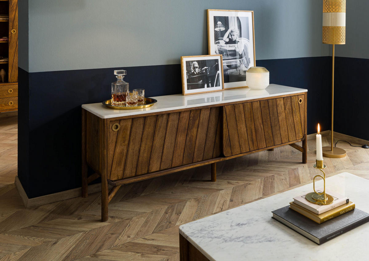 SIDEBOARD Mango 185x45x65 braun geölt / echter Marmor LOS ANGELES #07 - Braun, Holz (185/65/45cm) - Massivmoebel24