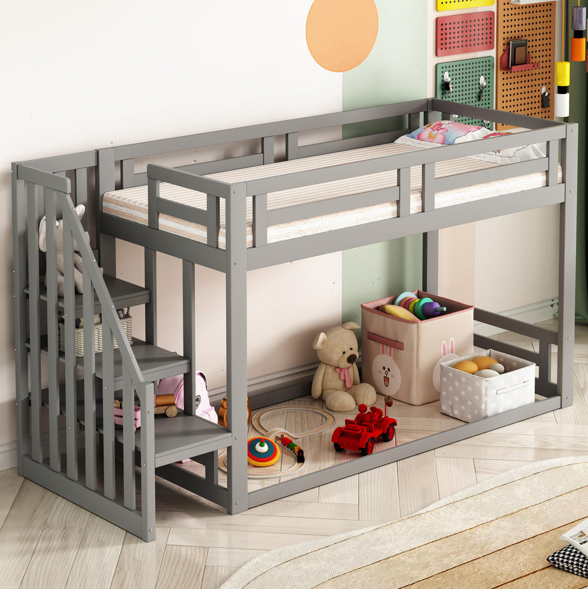 ETAGENBETT 90/200 cm mit Sicherheitstreppe, Stauraum und Lattenrost, Grau - Grau, Holzwerkstoff (90/200cm) - Redom