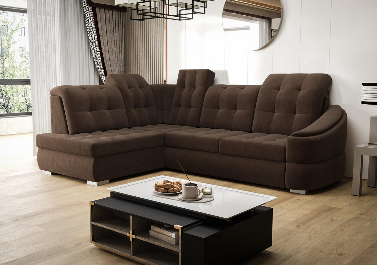 ECKSOFA KONGO RBN09, Eckcouch in L-Form mit Schlaffunktion, Farbe: Dunkelbraun, Velourstoff, Ottomane Links - Dunkelbraun, Textil (260/180cm) - O-Sofa