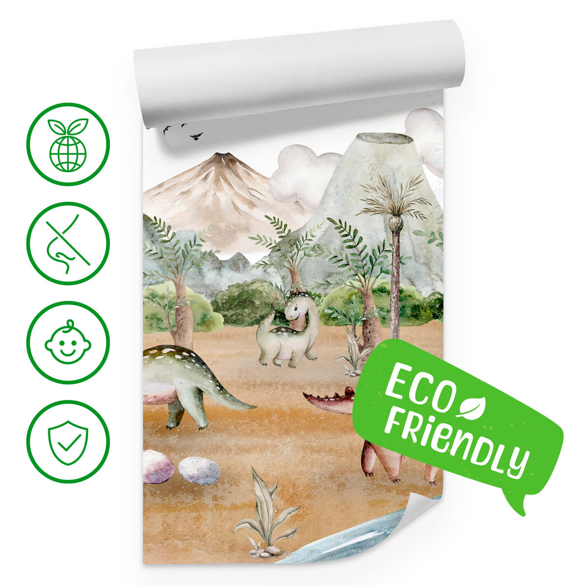 FOTOTAPETE für Kinderzimmer Dinosaurier Welt Vulkane Aquarell Tropische Bäume 350x256 - Blau/Beige, Papier (350/256cm) - Muralo