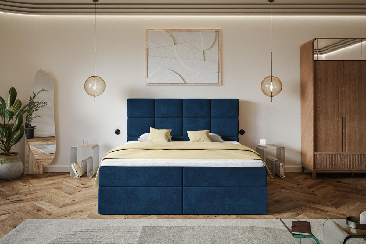 BOXBETT ROMA mit 2 Bettkästen, 140x200, Farbe: Dunkelblau, Velourstoff, Doppelbett mit Bonell-Matratze - Dunkelblau, Holz/Kunststoff (140/200cm) - Alpi-Möbel