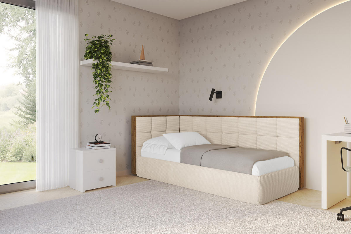 EINZELLBETT Jugendbett mit Bettkasten, Rechts - SOVY 100x200 Beige - Kaschmir, Holzwerkstoff/Textil (100/200cm) - ALTDECOR