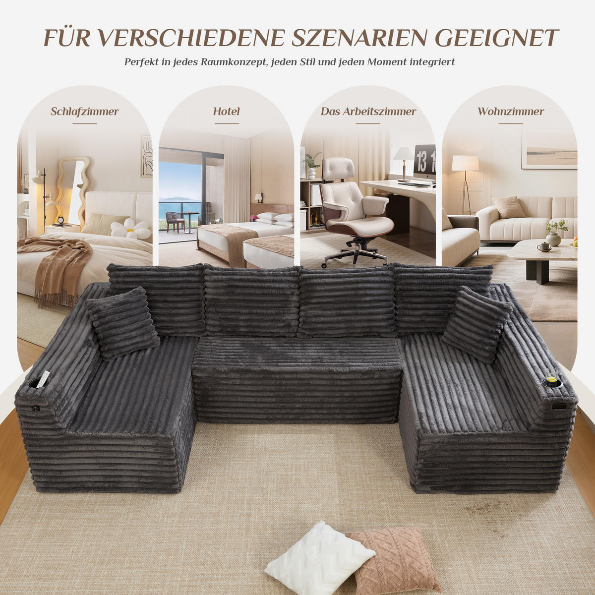 WOHNLANDSCHAFT 320/155/88 cm Dunkelgrau mit Getränkehalter und Seitentasche - Dunkelgrau, Textil (320/88/155cm) - Oxeza