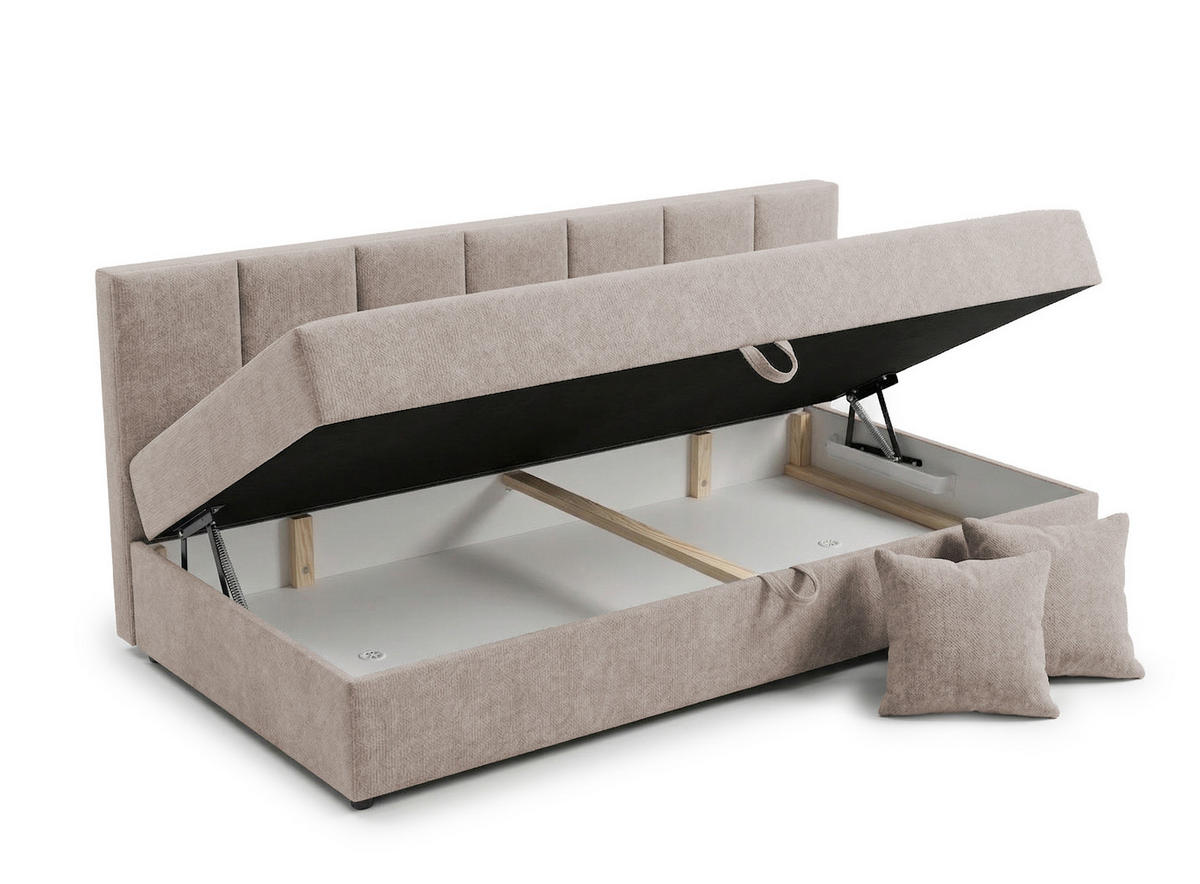 TAGESBETT Lenny mit Rückenlehne und großem Bettkasten aus Taupe Chenille-Stoff - Taupe/Schwarz, Holz/Kunststoff (90/200cm) - S-Style Möbel