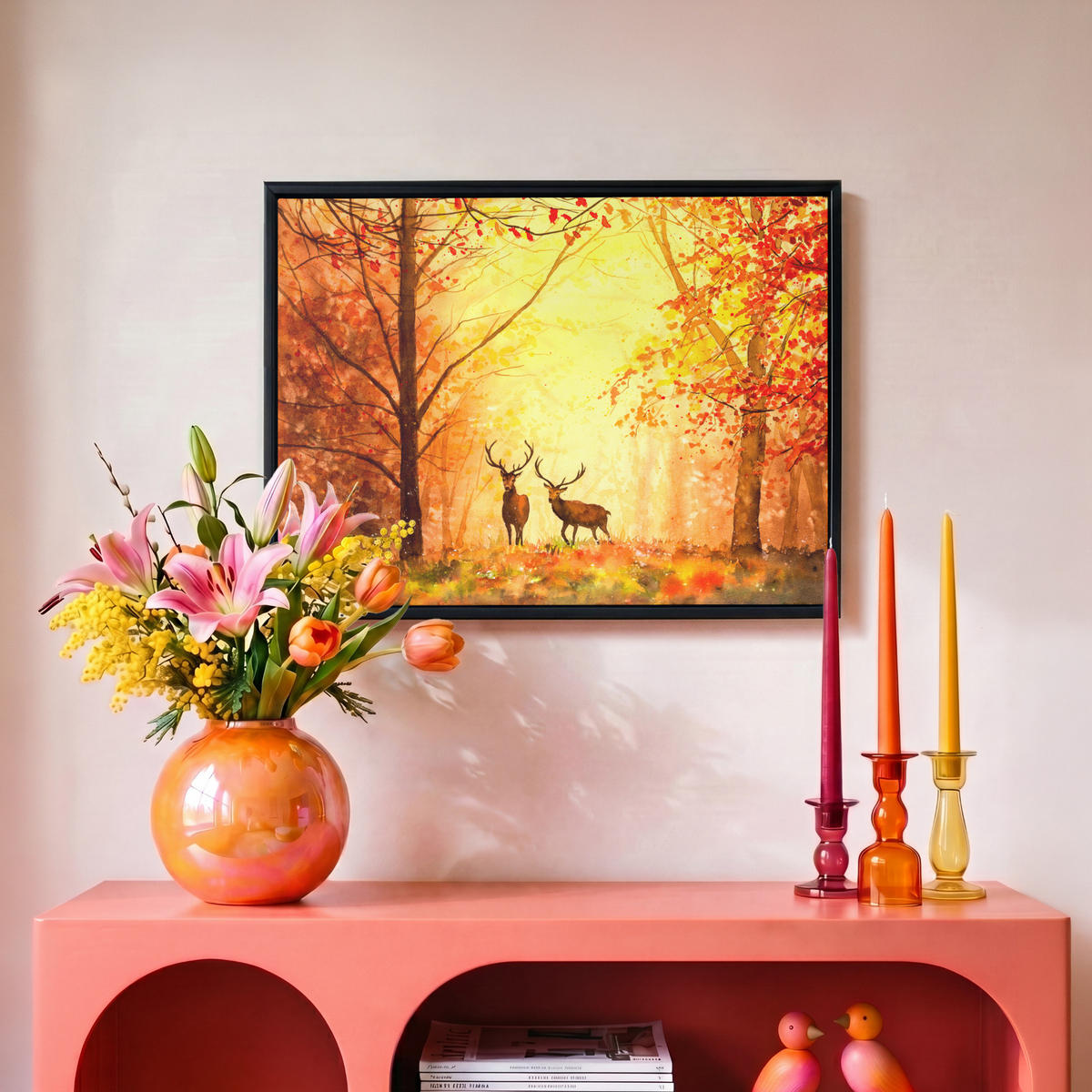 LEINWAND Bilder mit Rahmen - Natur - Ölfarbe - Hirsche - Tiere - Herbst - Orange - 40x30 - Orange, Textil (40/30cm) - MuchoWow