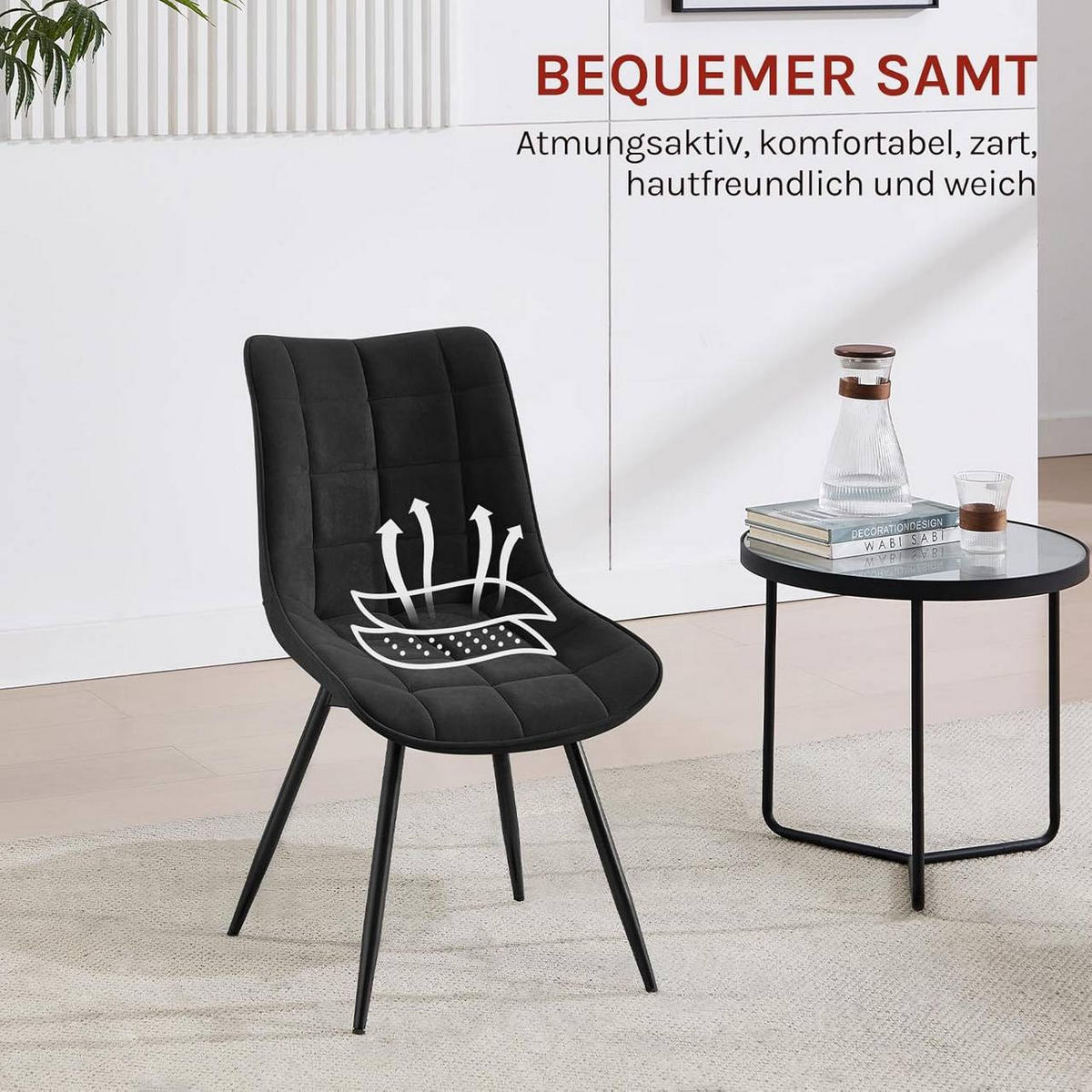 ESSZIMMERSTUHL 2er Set, aus Samt, Schwarz - Schwarz, Textil/Metall (46/83.5/60.5cm) - Woltu