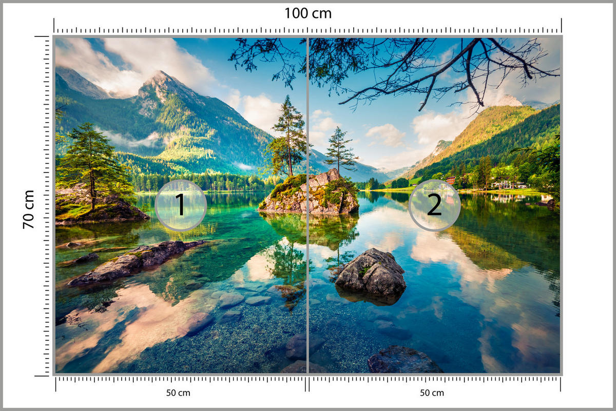 FOTOTAPETE für Schlafzimmer Bergsee Nadelbäume Felsen Natur Landschaft 100x70 - Türkis/Beige, Papier (100/70cm) - Muralo