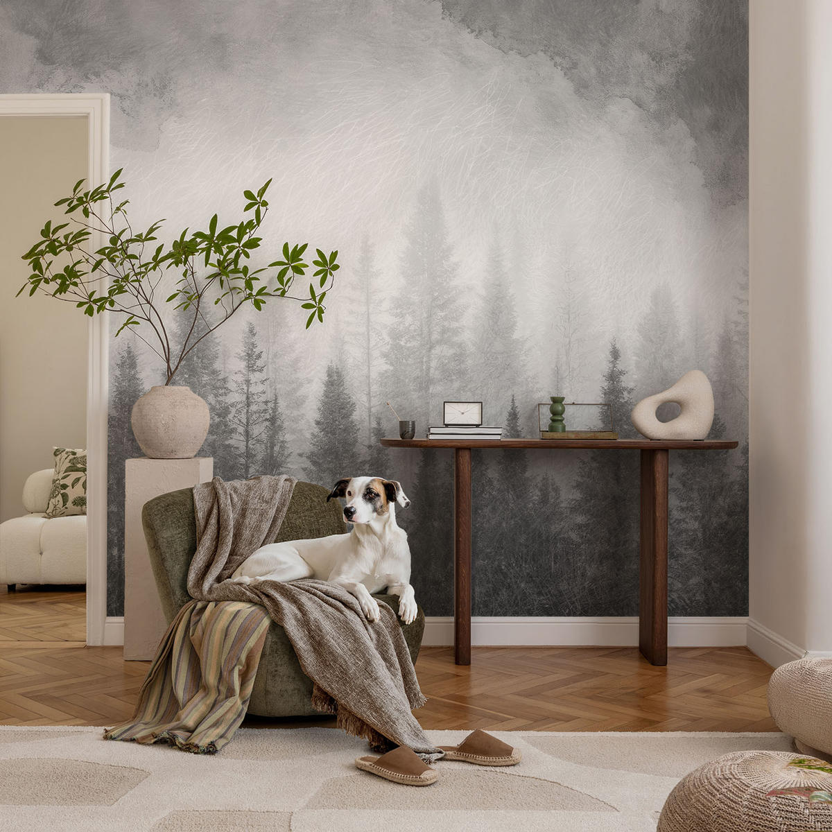 FOTOTAPETE 104x70 cm - Waldnebel - Grau, Textil (104/70cm) - Wallfluent