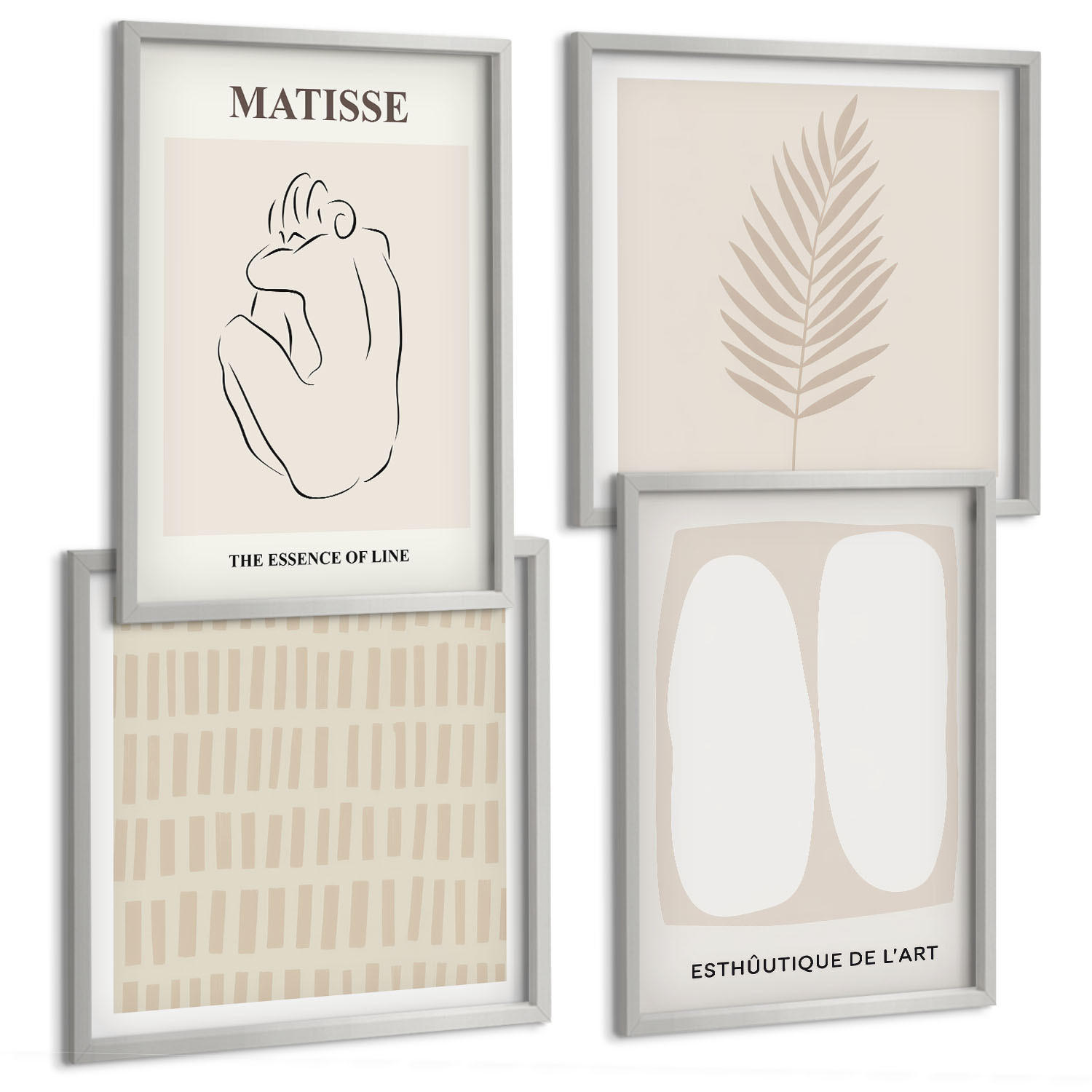 BILDER SET 4er Set - 50x50 cm & 40x60 cm Silberner Rahmen - Linien, Formen, Beige, Weiß - Silberfarben, Kunststoff (50/50cm) - TULUP