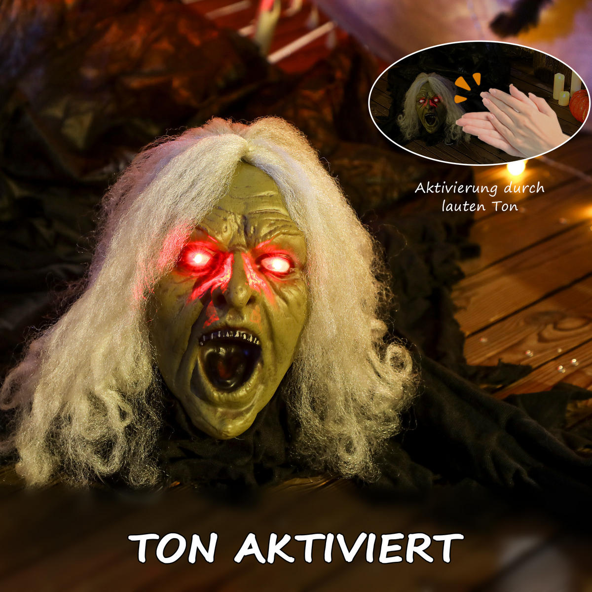 HALLOWEEN-DEKORATION Zombie-Alte 183 cm mit LED-Lichter, Soundfunktion - Schwarz, Textil (18/183/80cm) - Outsunny