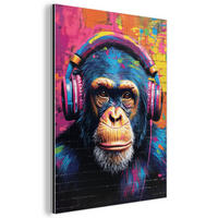 KOVOVÝ OBRAZ Graffiti - Šimpanz - Street art - Slúchadlá - Opica 30x40 cm - modrá, kov (30/40cm) - MuchoWow