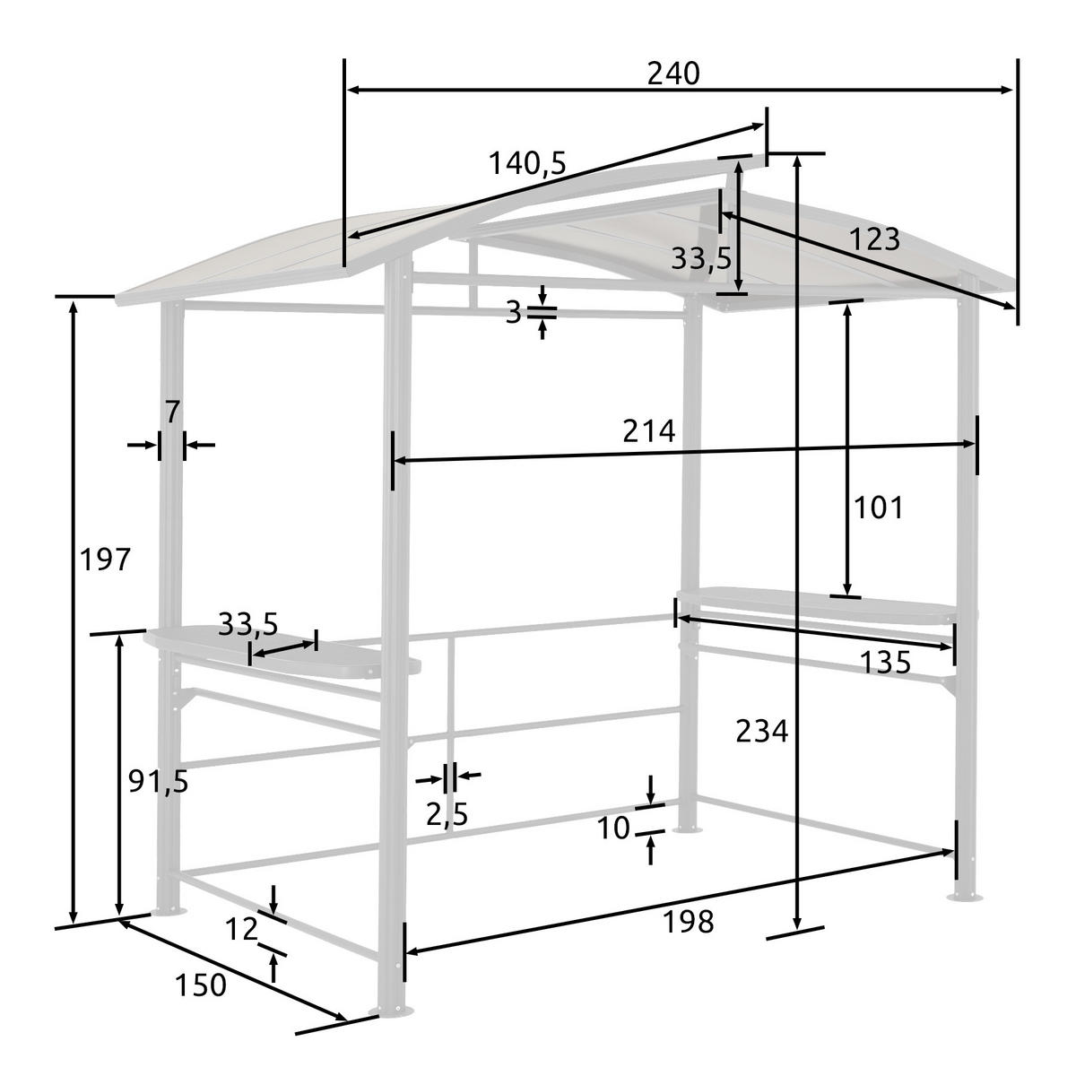 GRILLPAVILLON Asado,240 x 150 x 234 cm,grau - Grau, Metall (150/234/240cm) - tectake