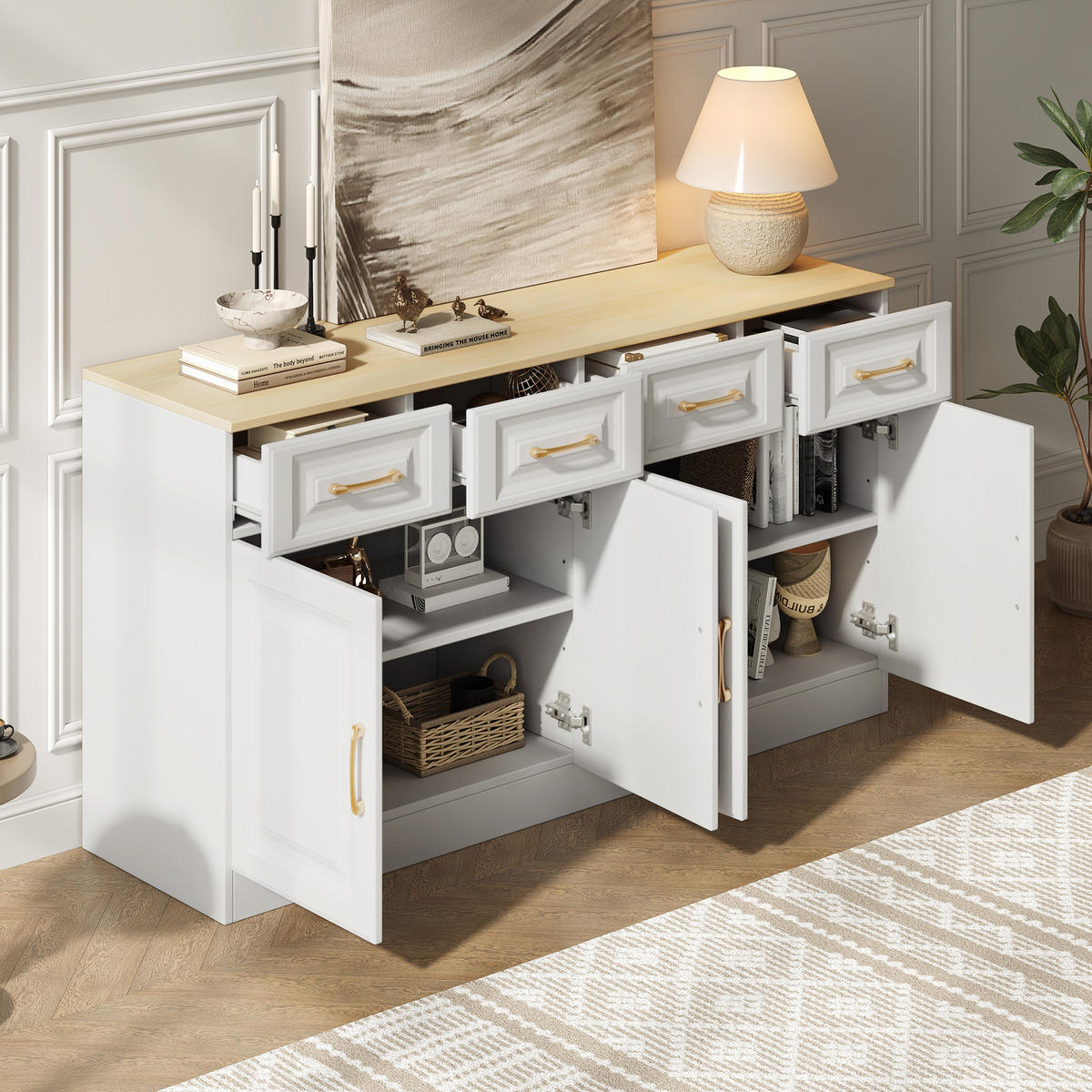 SIDEBOARD 140/40/75 cm mit 4 Türen & 4 Schubladen in Weiß/Eiche - Weiß, Holzwerkstoff (140/75/40cm) - BEAOK