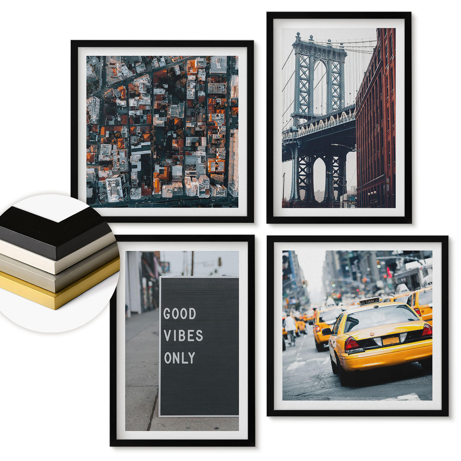 WANDBILDER 4er-Set - 50x50 cm & 40x60 cm Schwarzer Rahmen - Brückenstadt-Inschriften aus der Vogelperspektive - Schwarz, Kunststoff (50/50cm) - ArtPrintCave