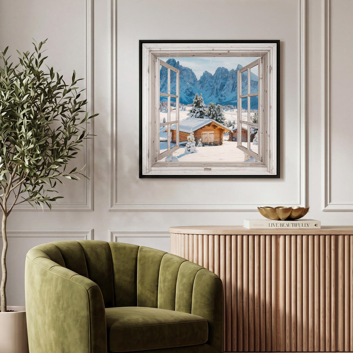 LEINWAND Bilder mit Rahmen - Winterlandschaft - Hütte - Berge - Ausblicke - Aussicht - Natur - 50x50 - Weiß Hochglanz, Textil (50/50cm) - MuchoWow