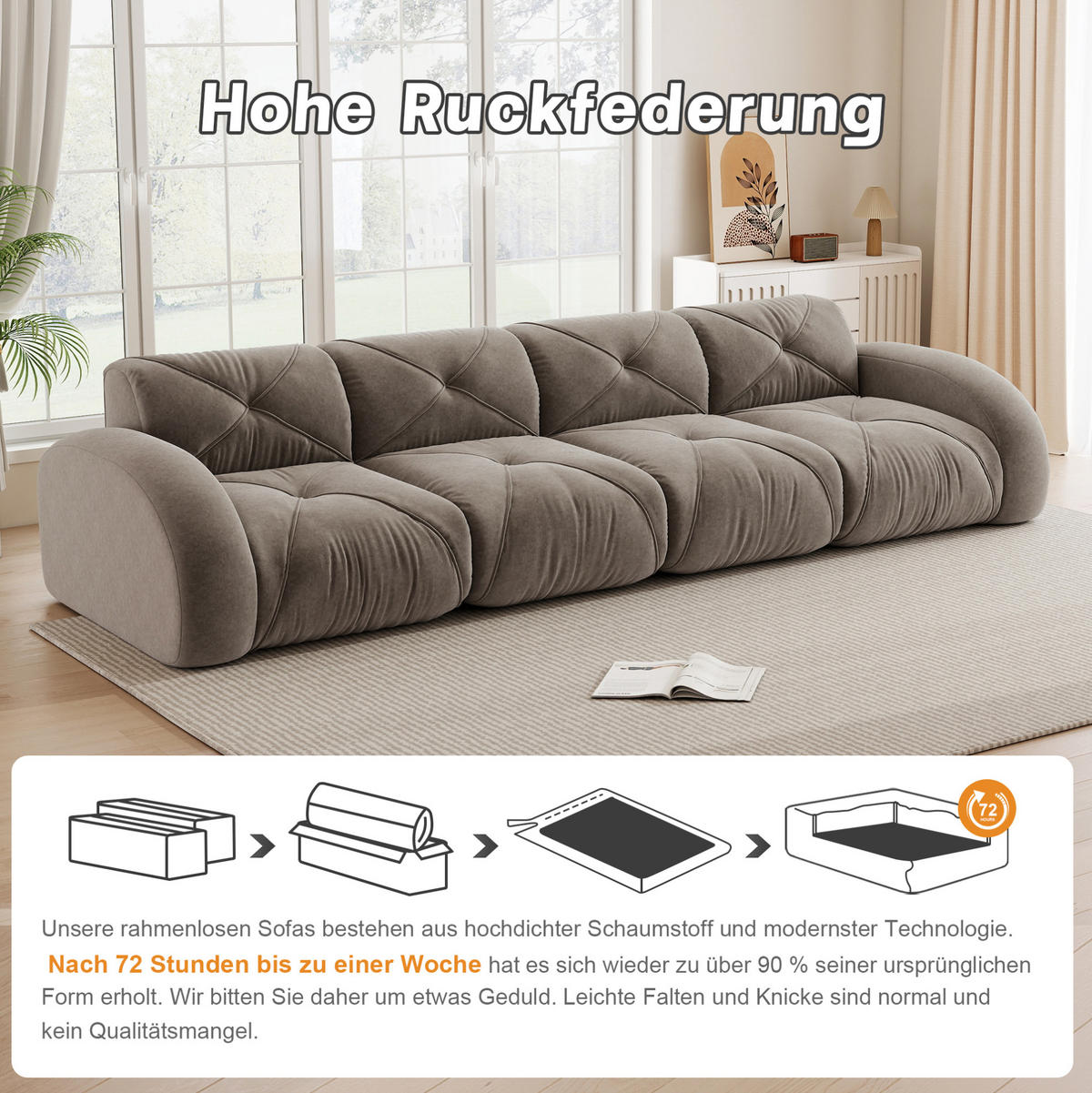 MODULSOFA 4-Sitzer aus Chenille mit rahmenlosem Design Taupe - Taupe, Textil (95/76/358cm) - Modenvie