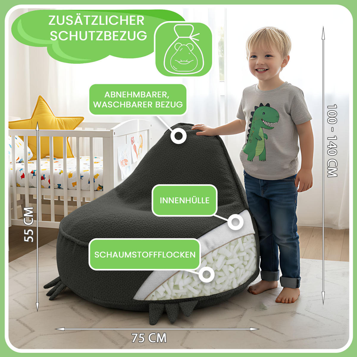 SITZSACK FÜR KINDER Dino 75/75/55 cm, weicher Bouclé 315 g/m², abnehmbarer Bezug, Steel Grey - Dunkelgrau, Textil (75/55/75cm) - Dreamroots