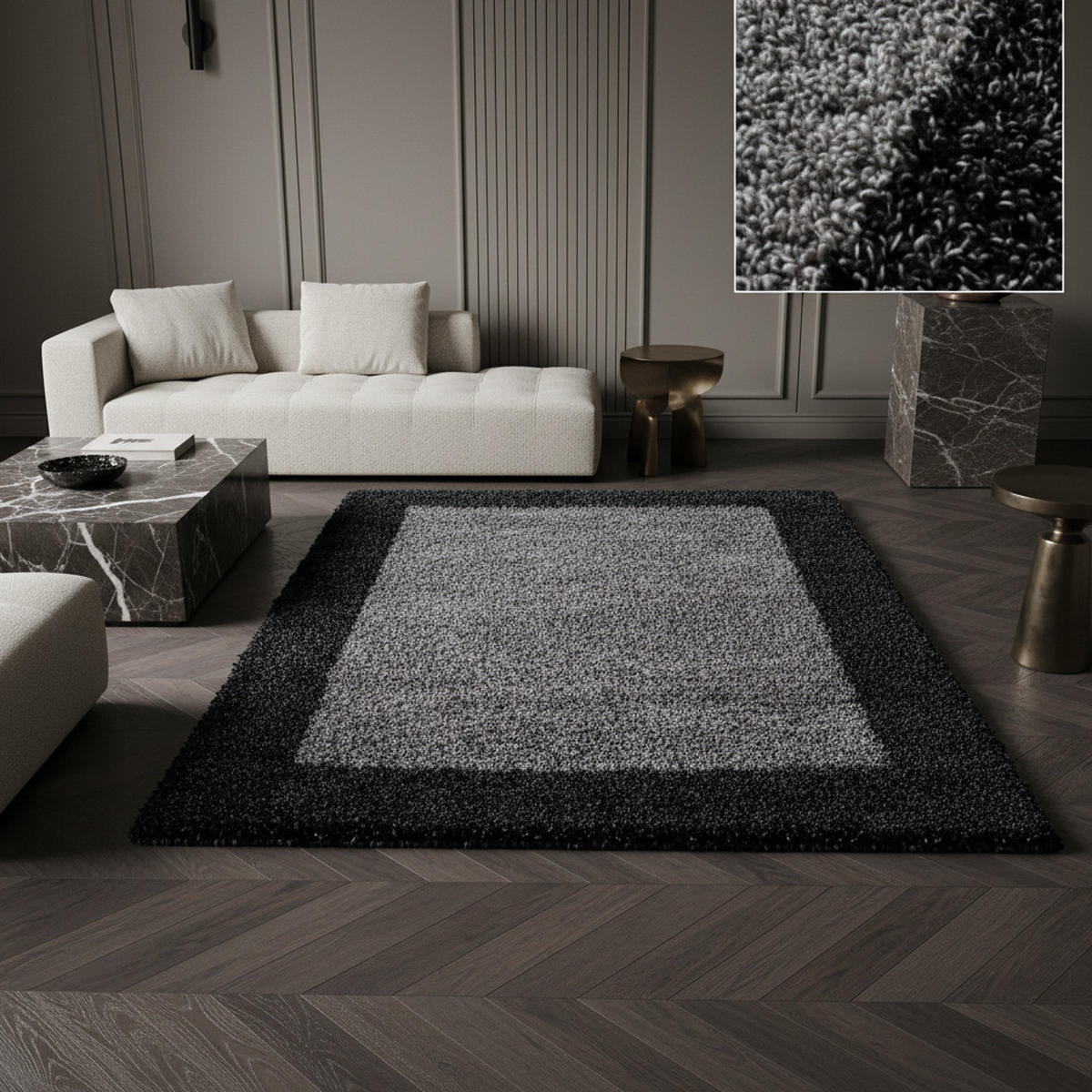 TEPPICH Hochflor einfarbig mit Bordüre Polypropylen Wohnzimmer Anthrazit Rechteckig 300x400 - Anthrazit, Textil (300/400cm) - KADIMA DESIGN