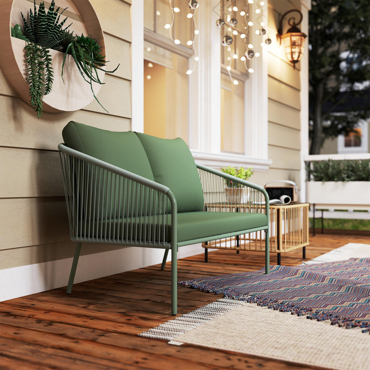 GARTENBANK DE-13502 2-Sitzer mit Geflecht, Stahlrahmen Grün - Grün, Metall (112/76/72cm) - ComfortXL