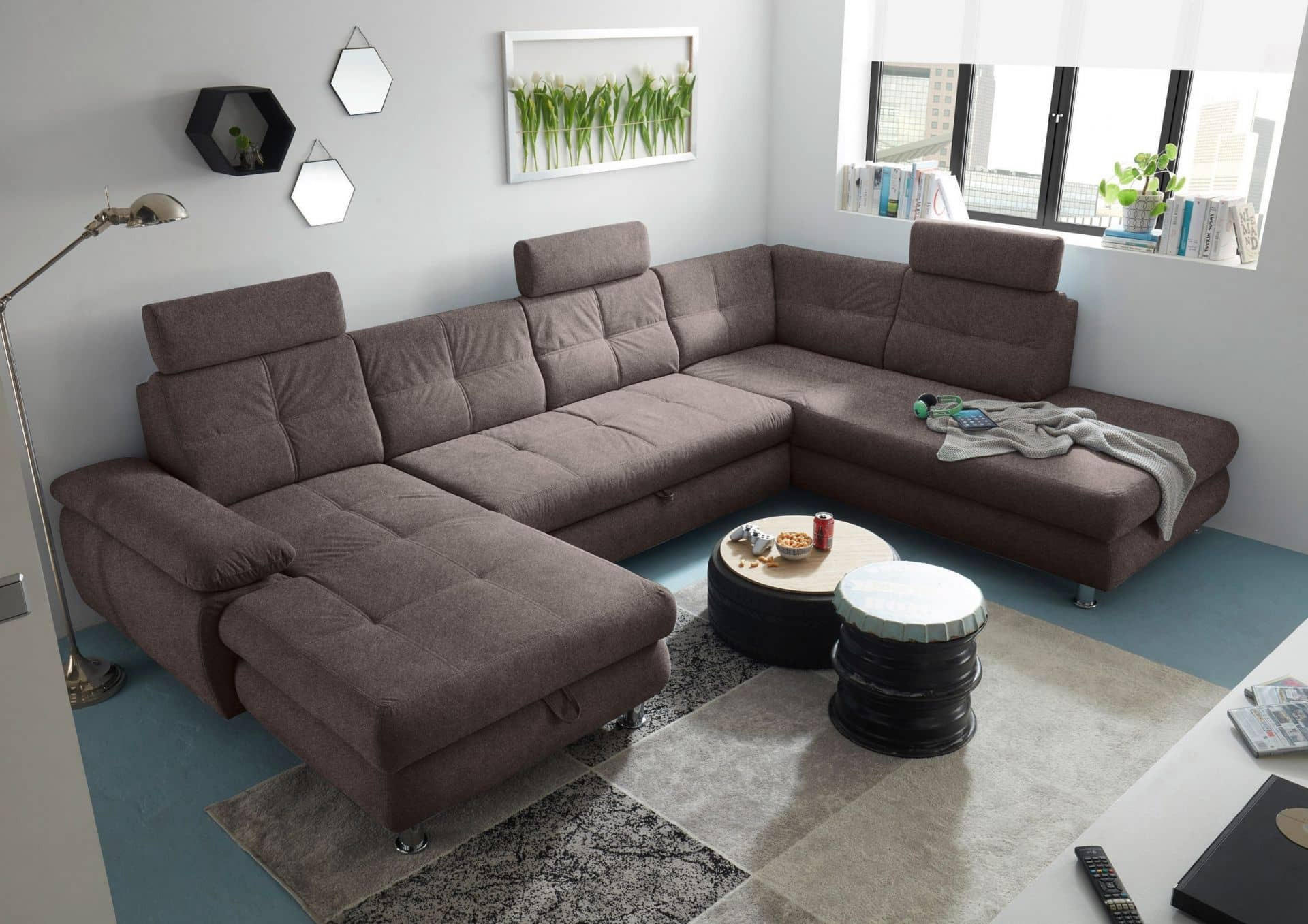 WOHNLANDSCHAFT mit Schlaffunktion, Bettkasten und verstellbaren Arm- und Kopflehnen - Chromfarben/Braun, Textil/Metall (233/88/349cm) - ed exciting design