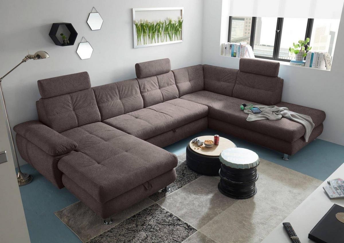 WOHNLANDSCHAFT mit Schlaffunktion, Bettkasten und verstellbaren Arm- und Kopflehnen - Chromfarben/Braun, Textil/Metall (233/88/349cm) - ed exciting design
