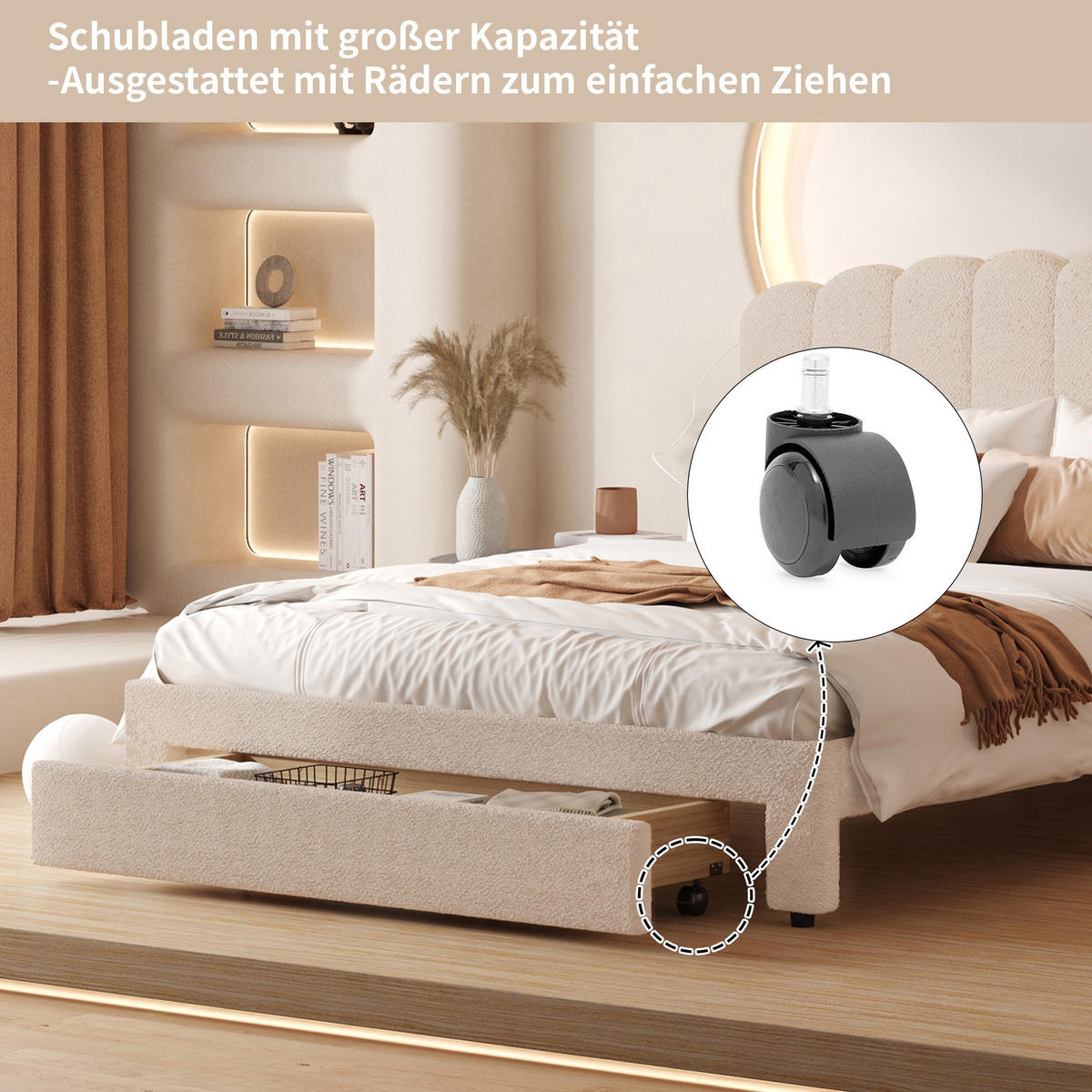 POLSTERBETT 140/200cm, mit Schubladen, USB-A/C Ladefunktion, Lattenrost aus Holz, sherpa gepolstertes Bett, Beige - Beige, Holzwerkstoff (140/200cm) - Brevoria