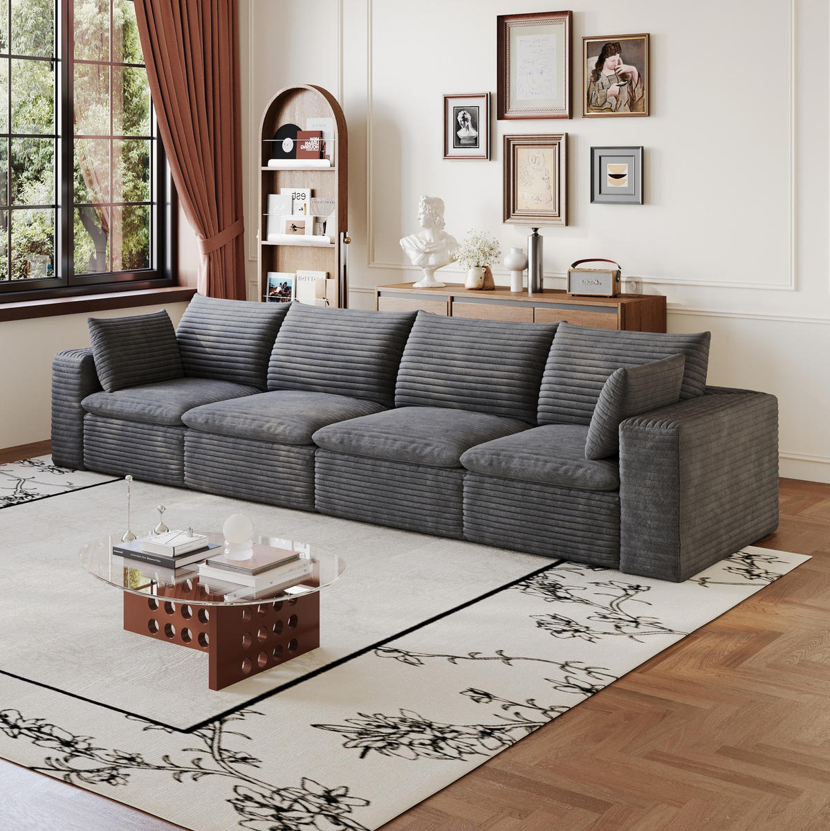 4-SITZER-SOFA aus Stoff Dunkelgrau mit abnehmbarer Polsterung und Schaumstoffkern - Dunkelgrau, Textil (340/60/90cm) - Modfu