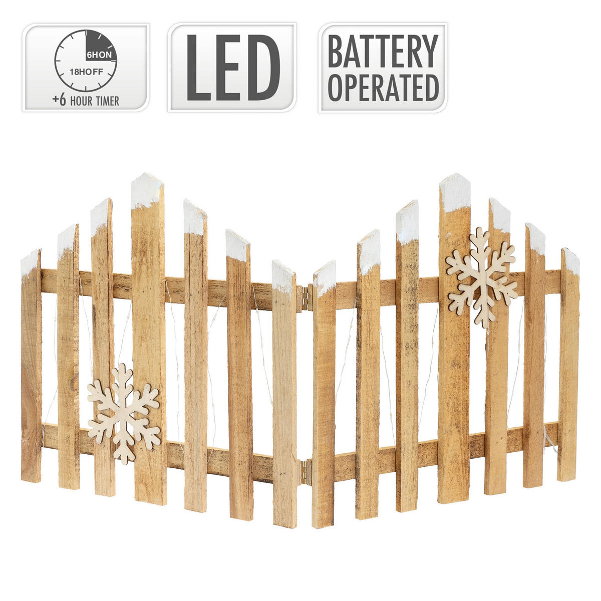 DEKO HOLZ ZAUN Natur 30 LED Warmweiß 77x38 cm mit Schneeflocken - Braun, Holz (77/38/2cm) - ECD-Germany