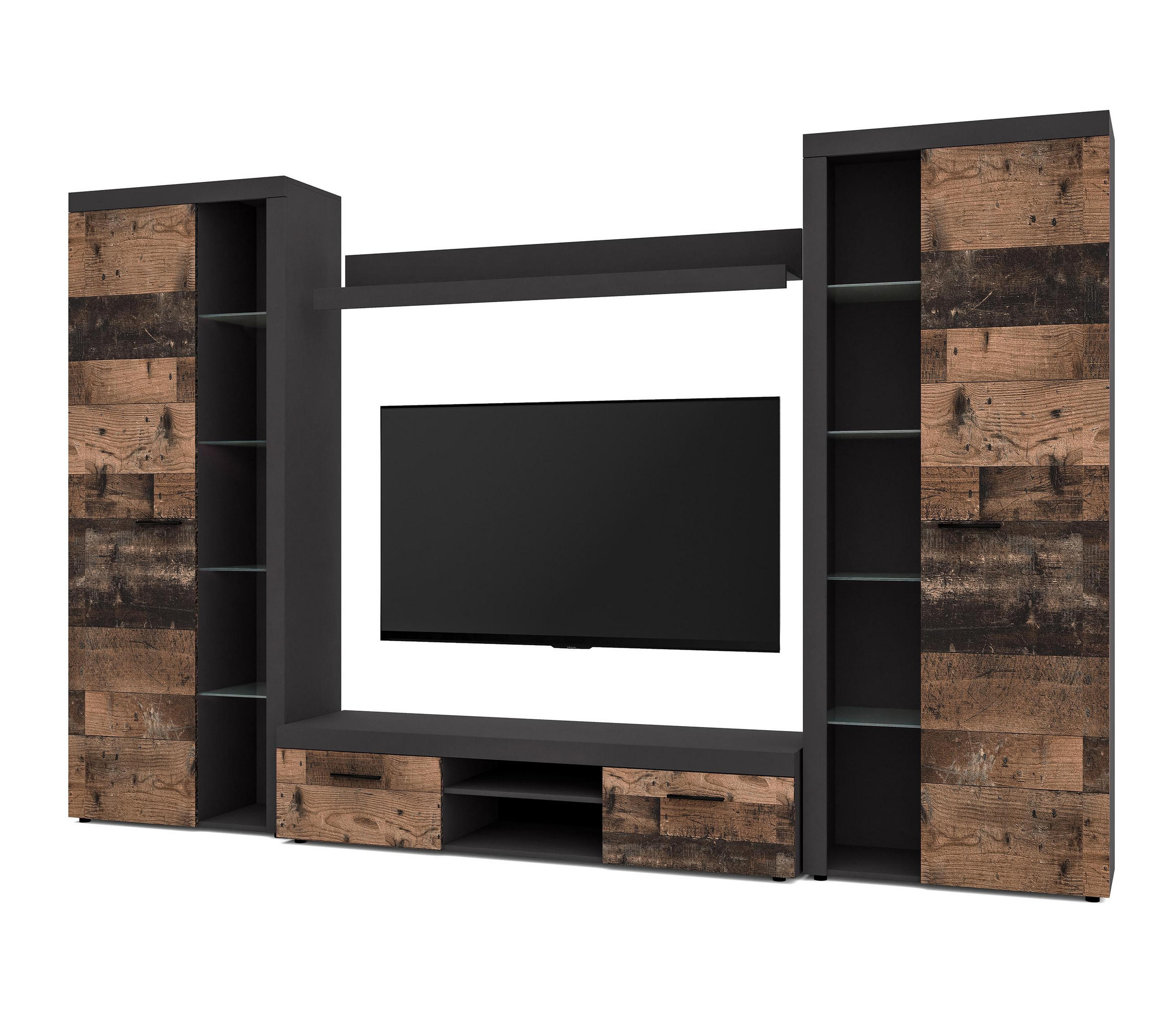 WOHNWAND Spacoro XL Matera, Oldwood 300/190/40 cm Viel Stauraum ohne LED - Dunkelgrau/Bronzefarben, Holzwerkstoff/Kunststoff (300/190/40cm) - AX Living