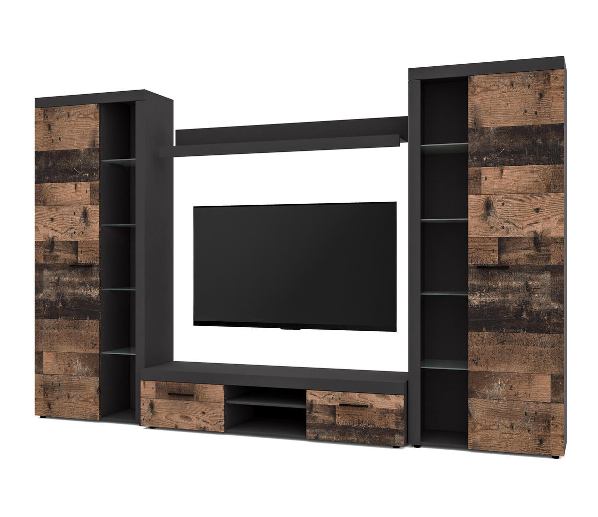 WOHNWAND Spacoro XL Matera, Oldwood 300/190/40 cm Viel Stauraum ohne LED - Dunkelgrau/Bronzefarben, Holzwerkstoff/Kunststoff (300/190/40cm) - AX Living