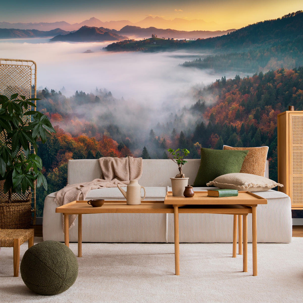 FOTOTAPETE für Wohnzimmer Nebelwald Sonnenuntergang Berge Bäume 350x256 - Beige/Rot, Papier (350/256cm) - Muralo