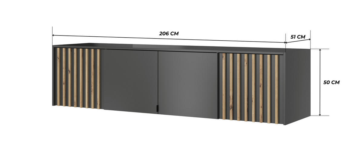 SCHRANKAUFSATZ STILO 4D 206 cm (Graphit, Lamellen Artisan Eiche, 4 Türen, Metallgriffe) - Schwarz/Graphitfarben, Holz/Holzwerkstoff (206/50/51cm) - Ravio