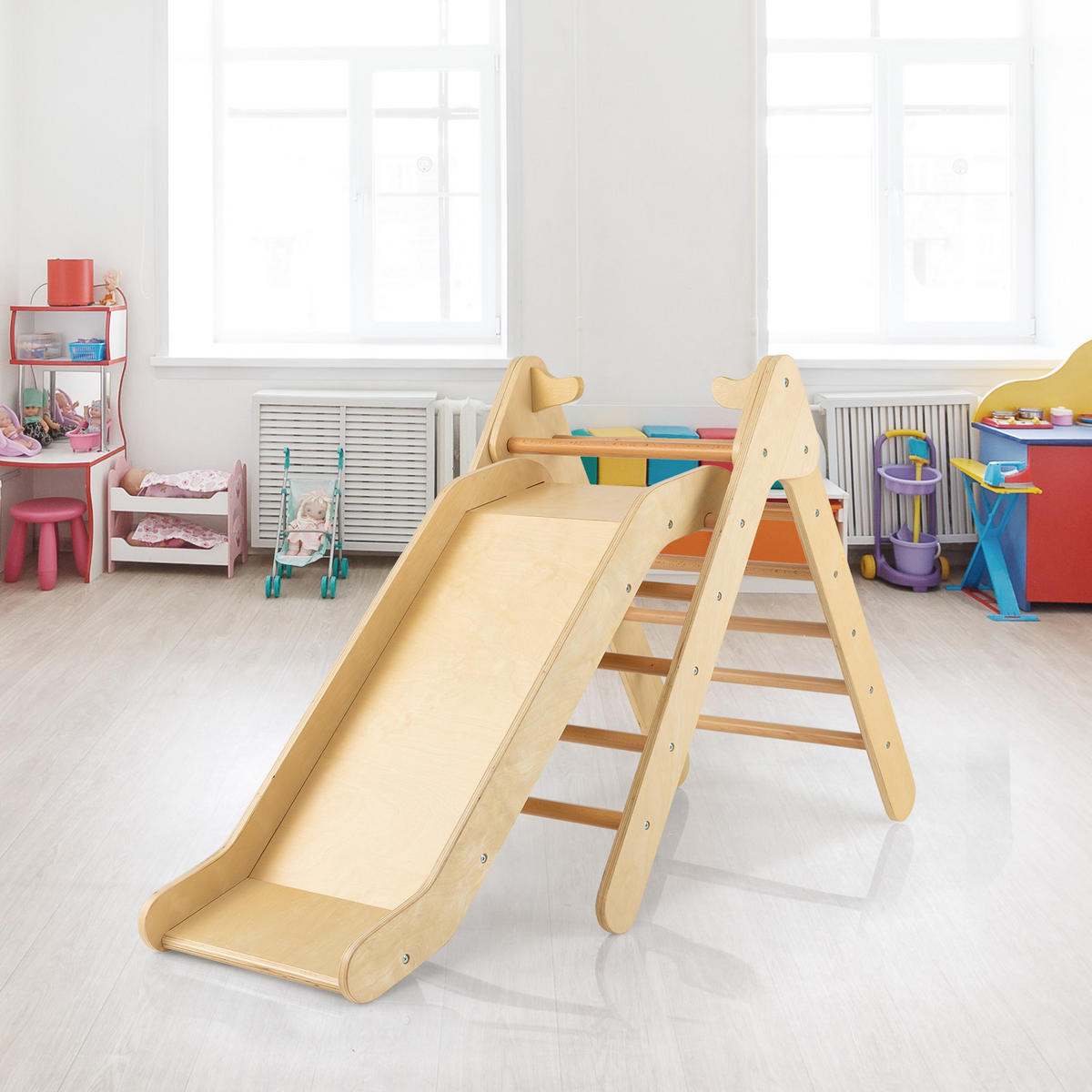 RUTSCHE kletterdreieck Holz - Naturfarben, Holz (87/74/48cm) - COSTWAY