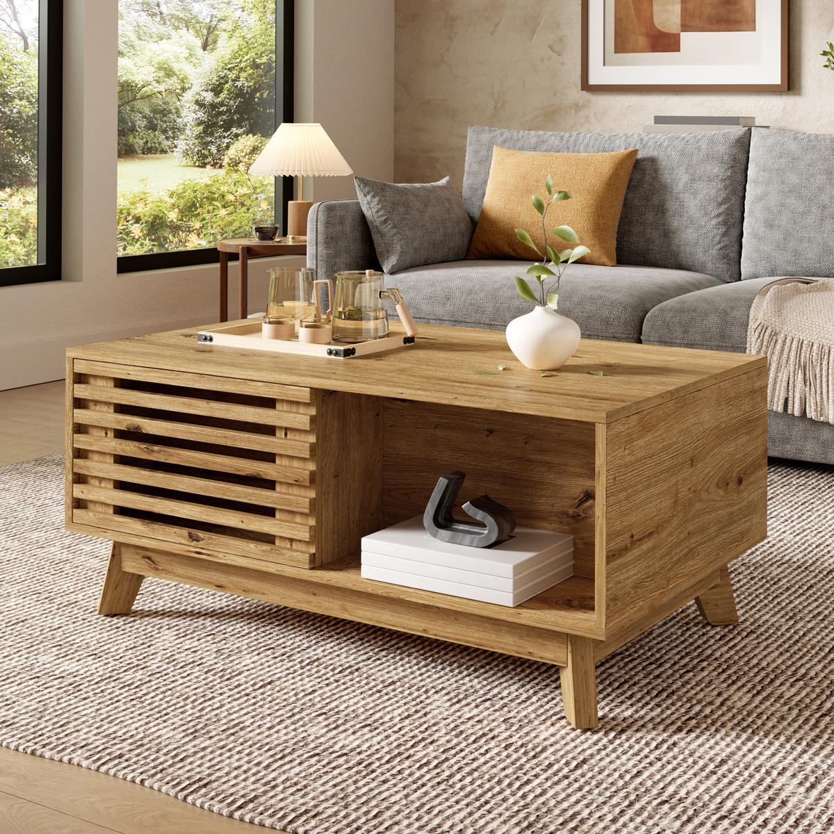 COUCHTISCH höhenverstellbar mit Jalousietür und MDF-Korpus - Naturfarben, Holzwerkstoff (55/90/57.5cm) - FLIEKS