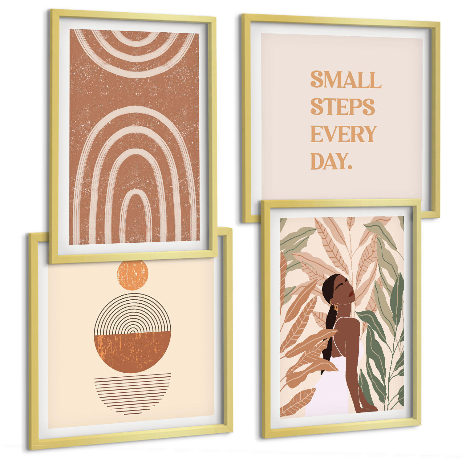 BILDER SET 4er Set - 50x50 cm & 40x60 cm Goldrahmen - Stilvolle Pflanzenmuster und Geometrie - Goldfarben, Kunststoff (50/50cm) - TULUP
