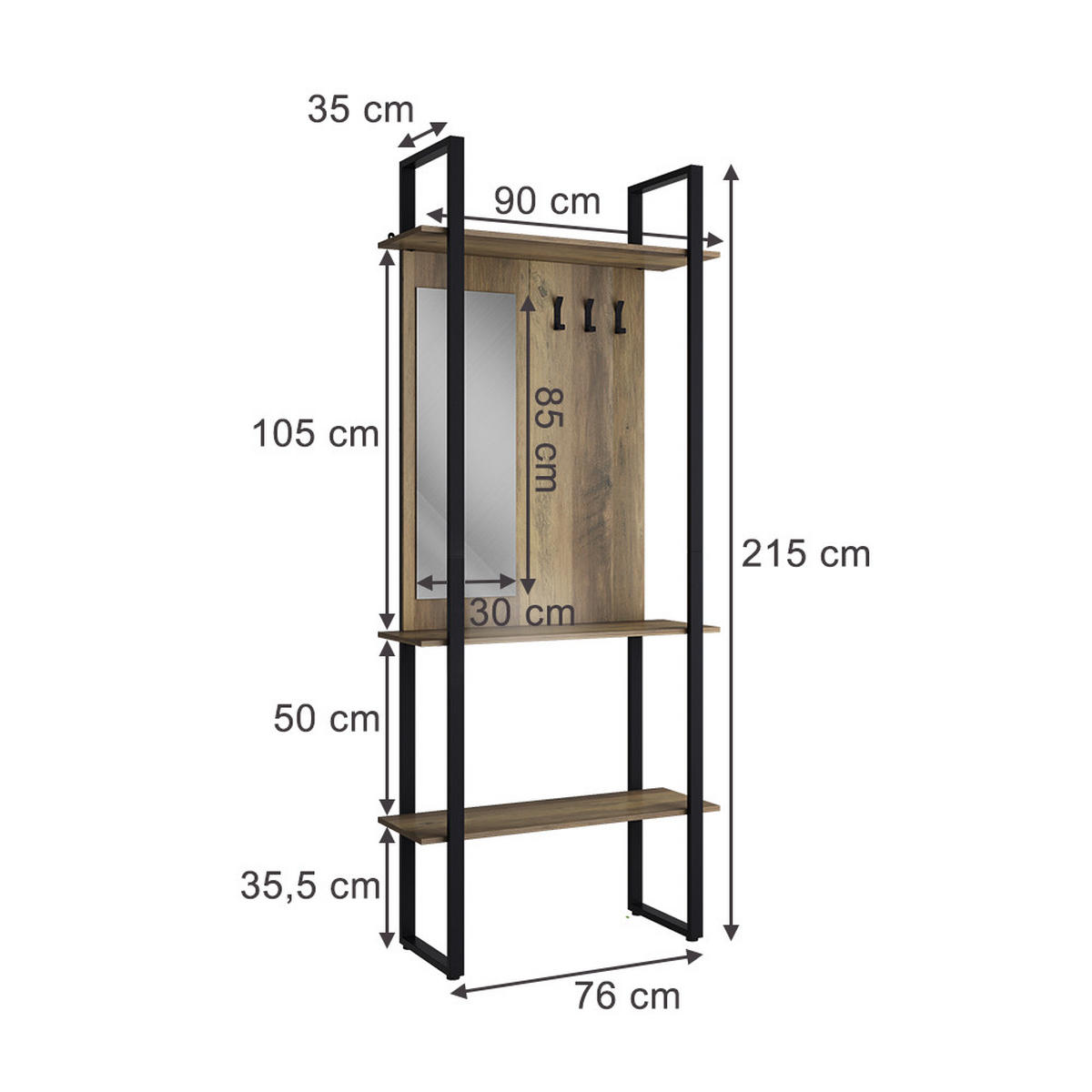 GARDEROBE Livi Anthrazit 90 x 215 cm mit Hacken und Spiegel - Anthrazit, Holzwerkstoff (90/215/35cm) - Vicco