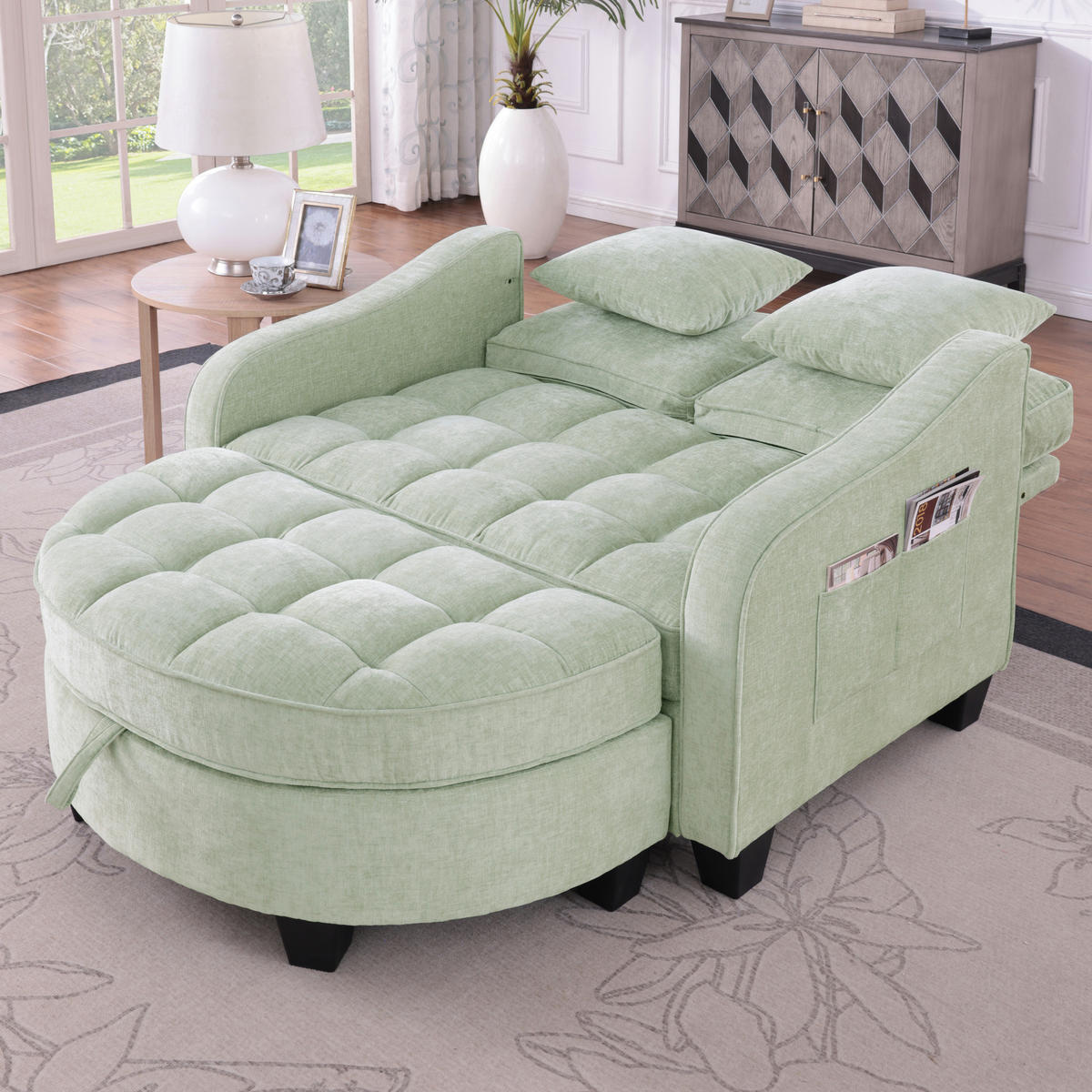 SCHLAFSOFA 2-in-1 mit Hocker und Stauraum, Cyan - Türkis, Holz (132/93/129cm)