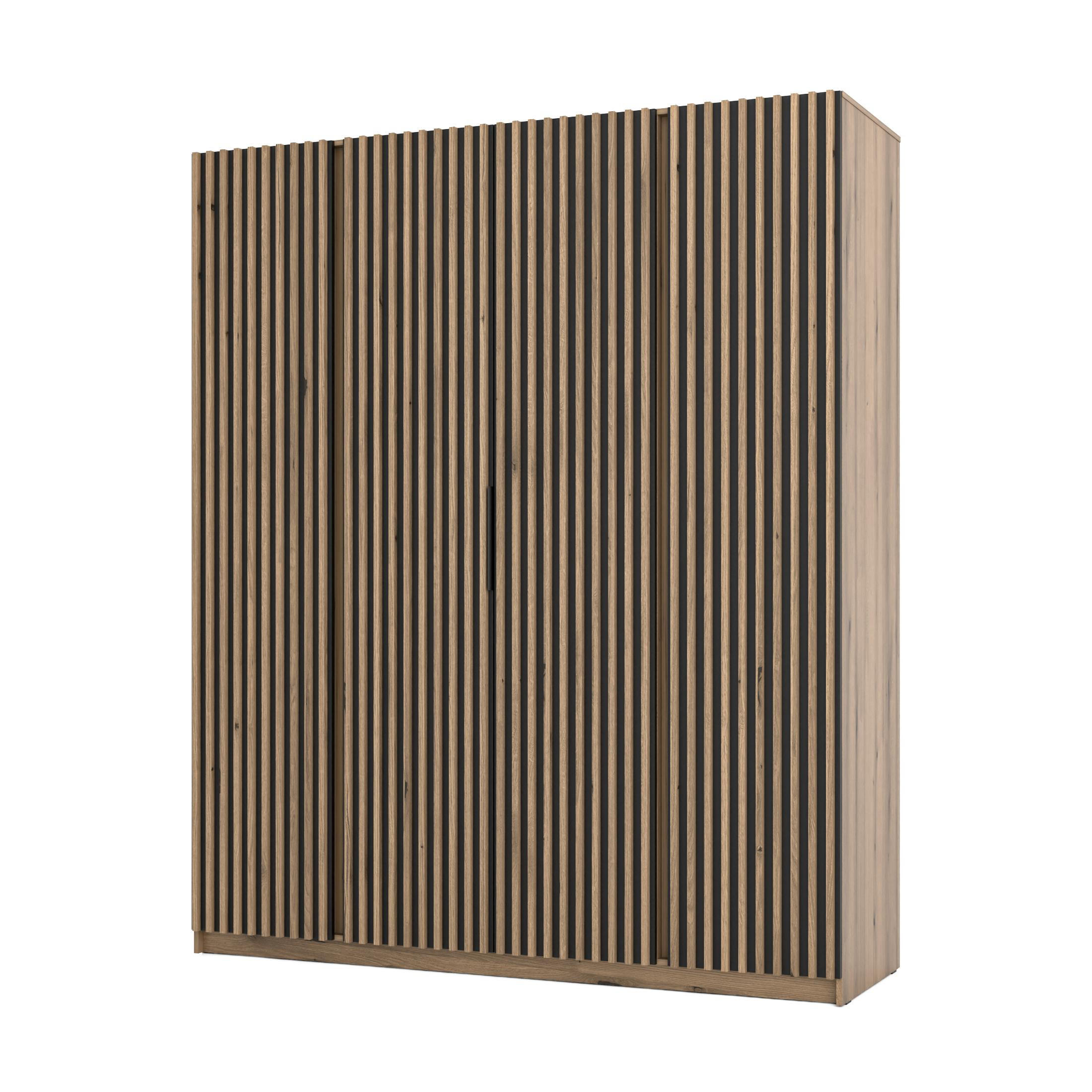 KLEIDERSCHRANK Nehir Korpus Eiche Evoke, Front Schwarz/Eiche Evoke 200 cm - 4T Modern mit 4 Lamellentüren - Eichefarben/Schwarz, Holzwerkstoff/Kunststoff (200/239/61.9cm) - AX Living
