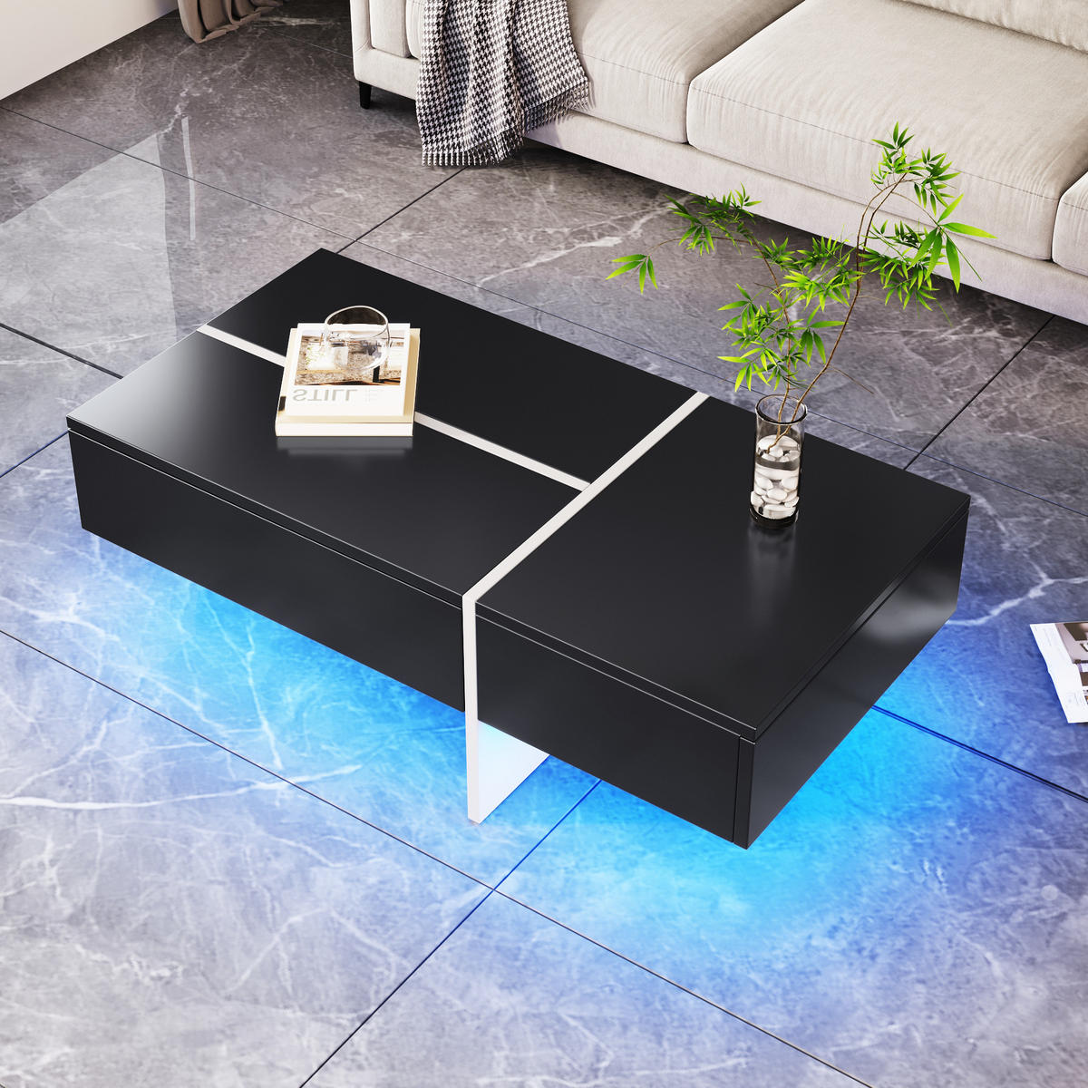 COUCHTISCH 100/50/34,5 cm Schwarz mit App-gesteuertem LED-Beleuchtungssystem - Schwarz, Holzwerkstoff (100/50/34.5cm) - OKWISH