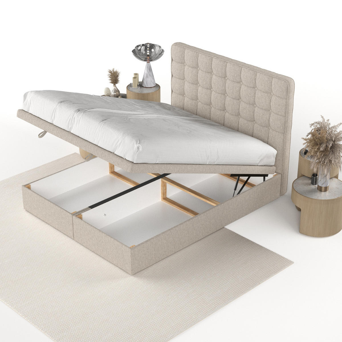 POLSTERBETT Celestia mit Stauraum 180/200 cm Hellbeige im Megan Stoff - Sandfarben/Schwarz, Holz/Holzwerkstoff (180/200cm) - AltaBeds