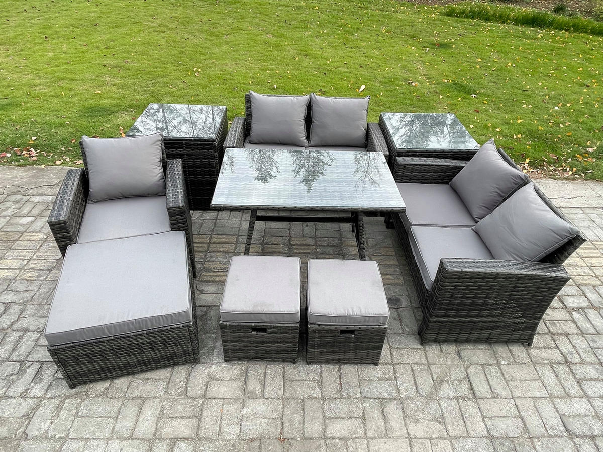 GARTENMÖBELSET mit ESSTISCH,HOCHLEHNER-SOFA Polyrattan Dunkelgrauer Mix 8-Sitzer - Dunkelgrau/Grau, Glas/Kunststoff - Fimous
