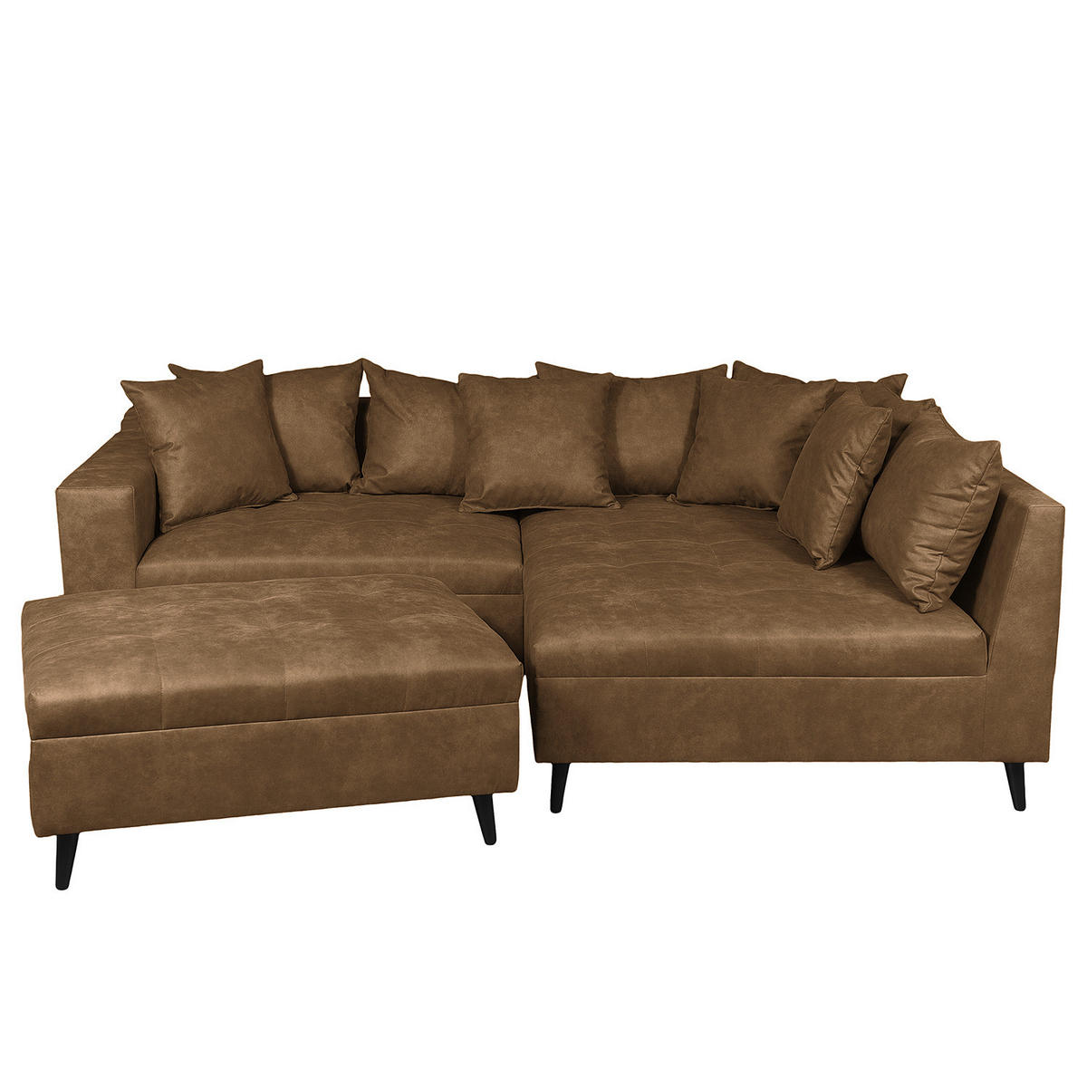 ECKSOFA mit Ottomane und Hocker - Schwarz/Braun, Birkenholz/Textil (247/174cm) - home24