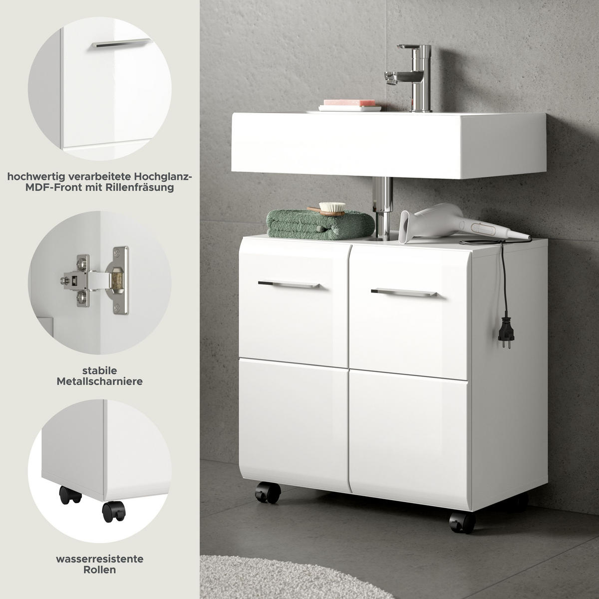 WASCHBECKENUNTERSCHRANK AUF ROLLEN Ice weiß hochglanz 60/30/58 cm - Weiß, Holzwerkstoff (60/58/30cm) - Xonox