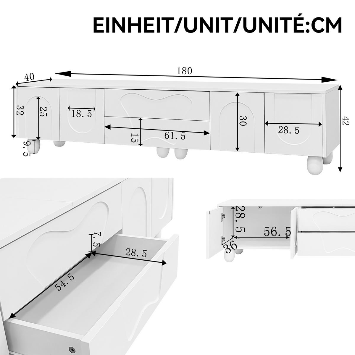 TV-SCHRANK 180/40/42 cm weiß PB mit massivem Holzbeinen und multifunktionalen Fächern - Weiß, Holzwerkstoff (180/42/40cm) - OKWISH
