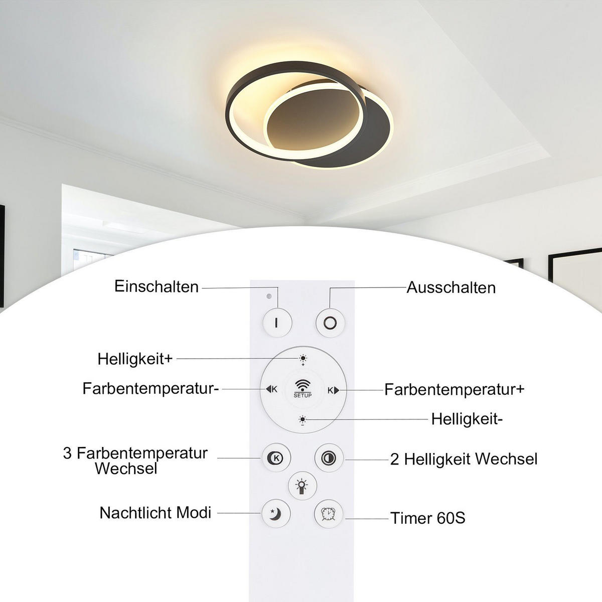 LED-DECKENLEUCHTE Gemini 41/30/6 cm - Schwarz, Metall (41/30/6cm) - Nettlife