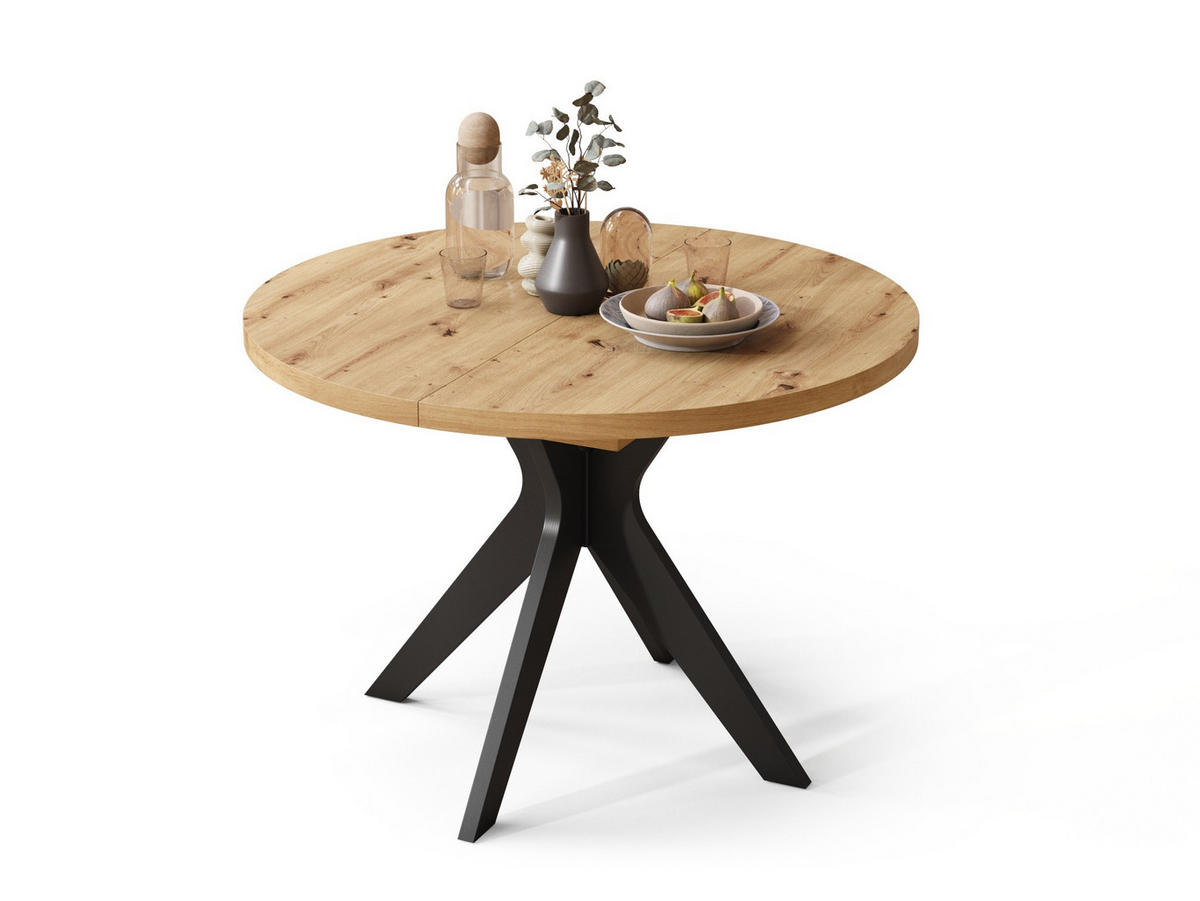 ESSTISCH rund Eiche Artisan - Schwarz matt ausziehbar - Schwarz/Eiche Artisan, Holzwerkstoff (110/110/77cm) - designimpex