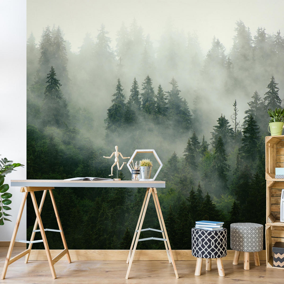 FOTOTAPETE Tiefgrüner Tannenwald im Nebel 240/240 cm - Grün, Papier (240/240cm) - Bilderwelten