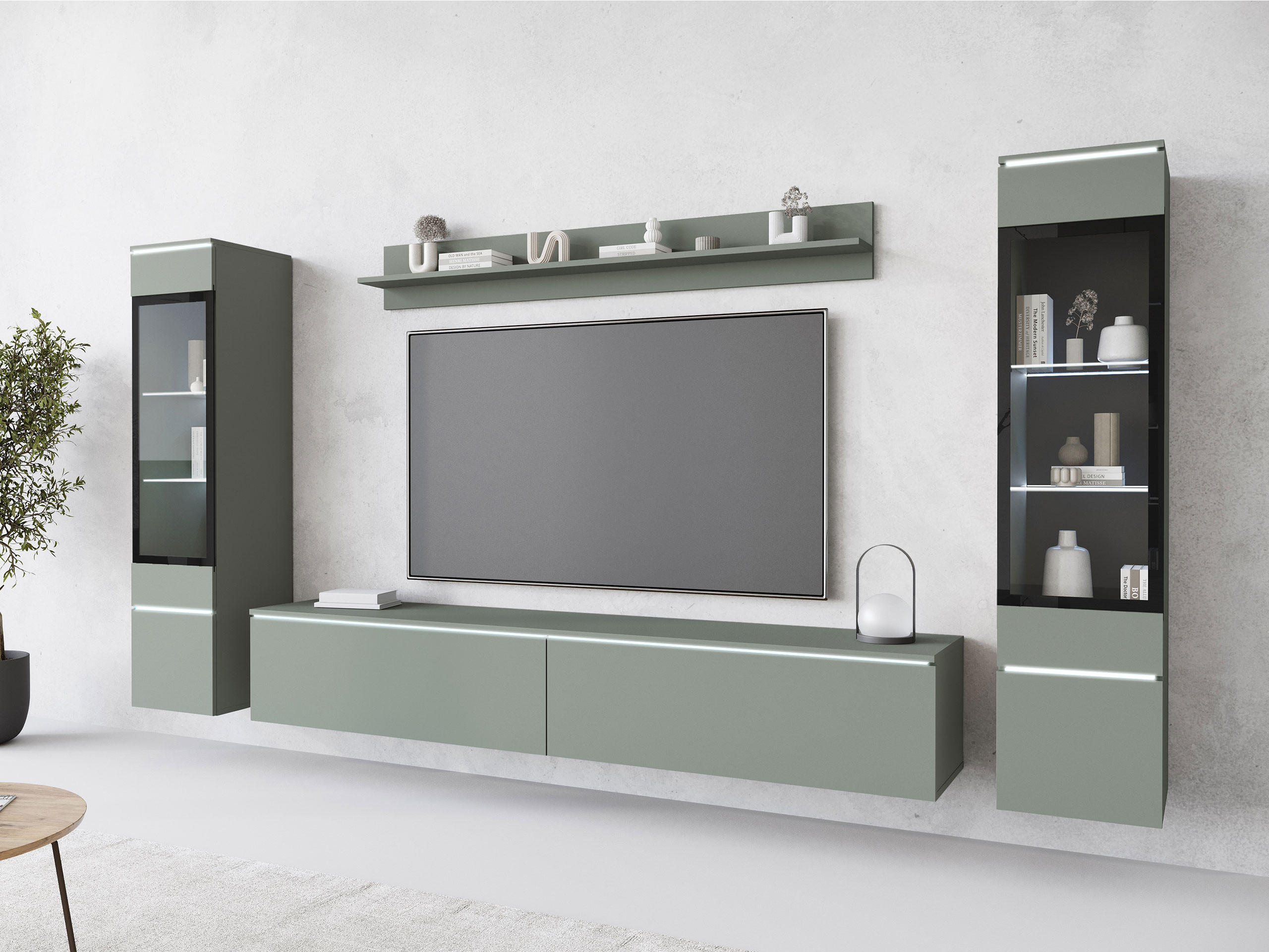 WOHNWAND Vera II mit weißer LED Beleuchtung - Grün, Holzwerkstoff (30/130/33cm) - MIRJAN24